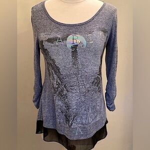 Cato Iridescent Paris France Blue Black Purple 3/4” Ruched Sleeve Top Size Small